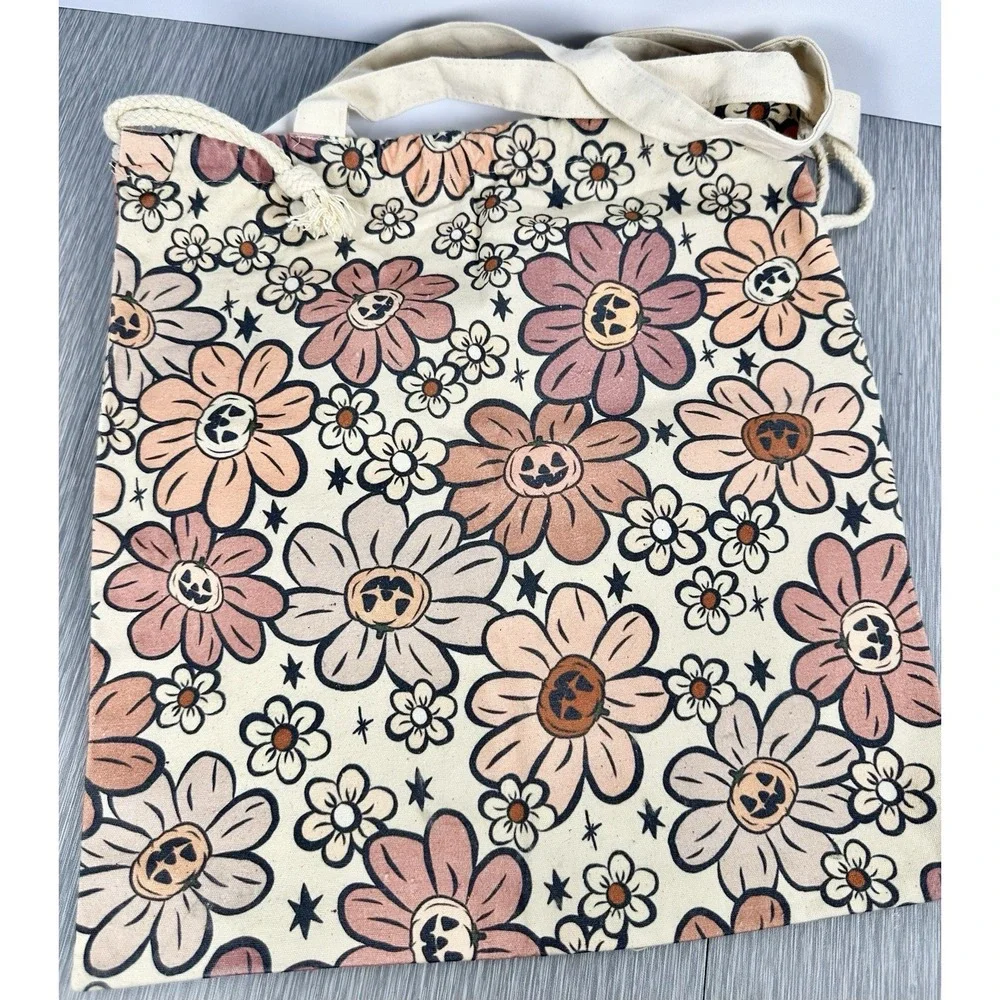 Pumpkins Flowers Halloween Candy Trick-or-Treat Canvas Tote Whimsical Fun Festiv